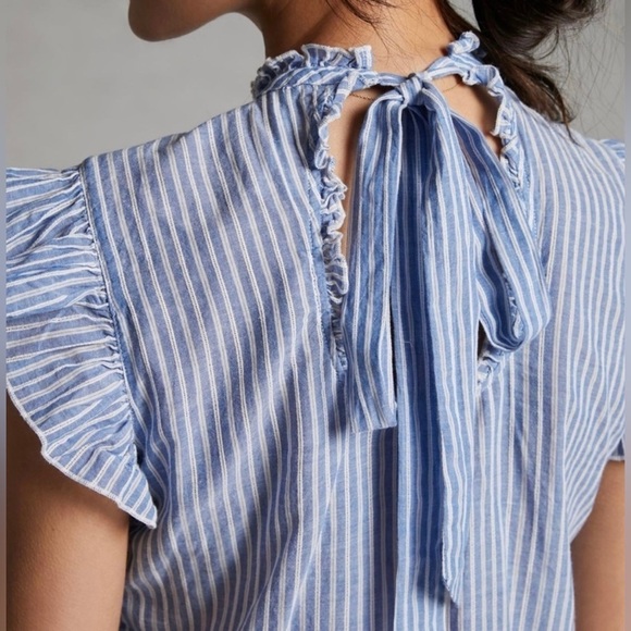 Vintage Charm Womens Large Ruffled Peplum Blue Striped Flutter Sleeve Blouse - Picture 2 of 9